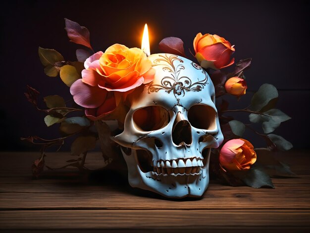 写真 輝くろうそくの柔らかい光に照らされた 鮮やかな開花した花で飾られた頭蓋骨