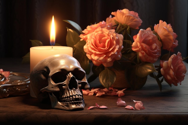 A skull adorned with a flower and a candle on the table