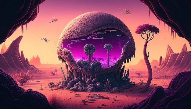 Skull alien planet digital art illustration Generative AI