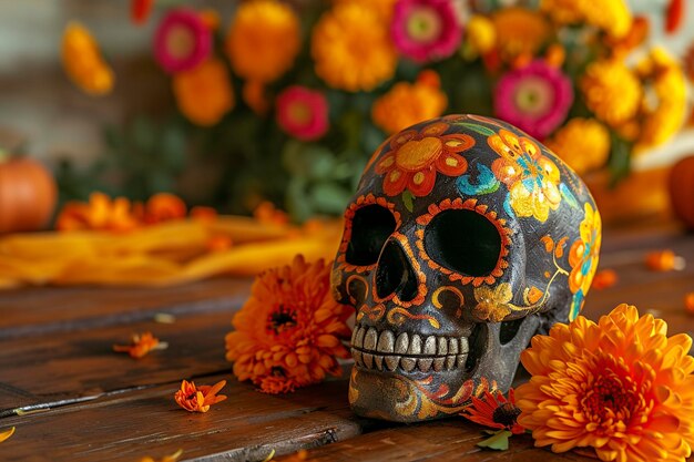 写真 頭蓋骨と花は メキシコの死の日に