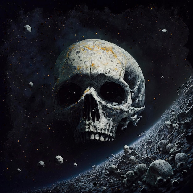 Skull, asteroid field floating in space