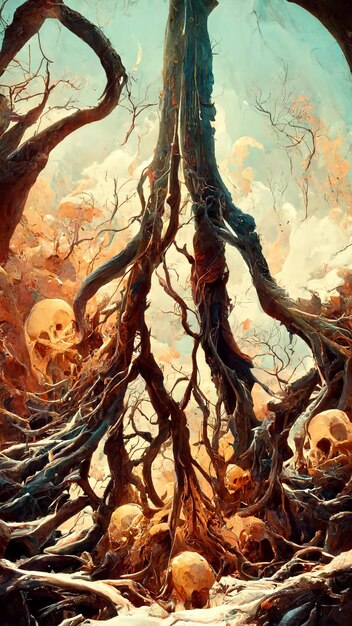 Skull background under dead wood 3D illustration