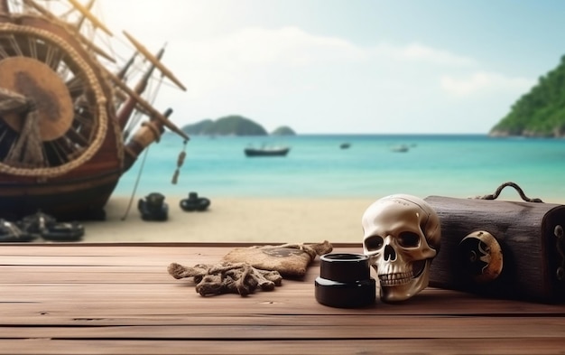 A skull and a boat on a beach