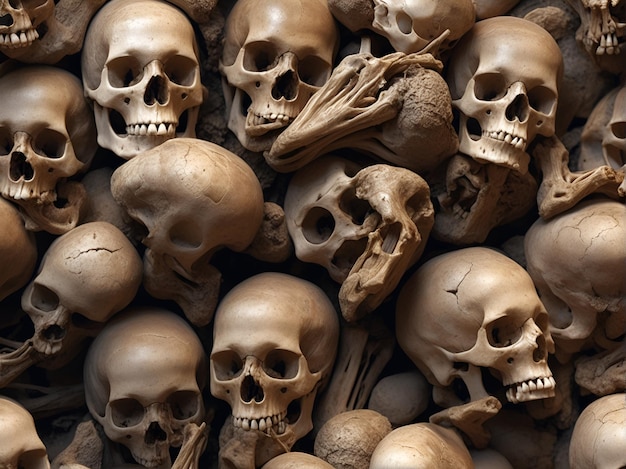 砂の中にある人間の頭蓋骨と骨の残骸