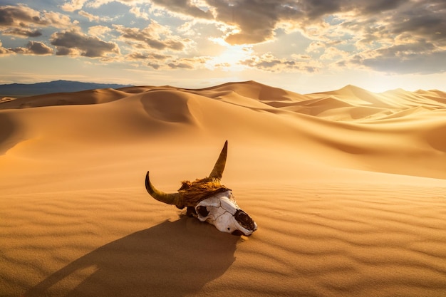 일몰의 모래 사막에서 해골 황소 죽음과 삶의 끝의 개념