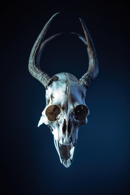 A skull of a bull with horns and a dark blue background.