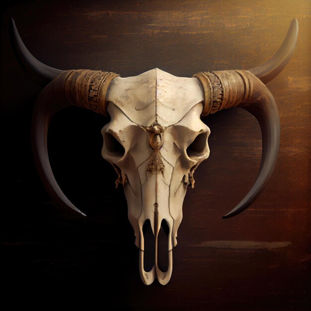 A skull of a bull with horns and gold beads on it.