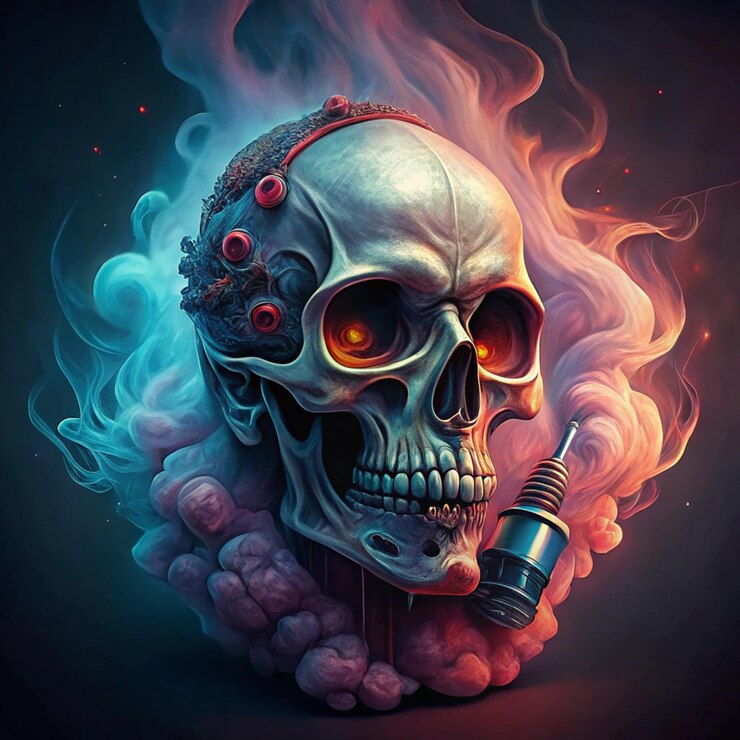 A skull and a bunch of smoke in the background