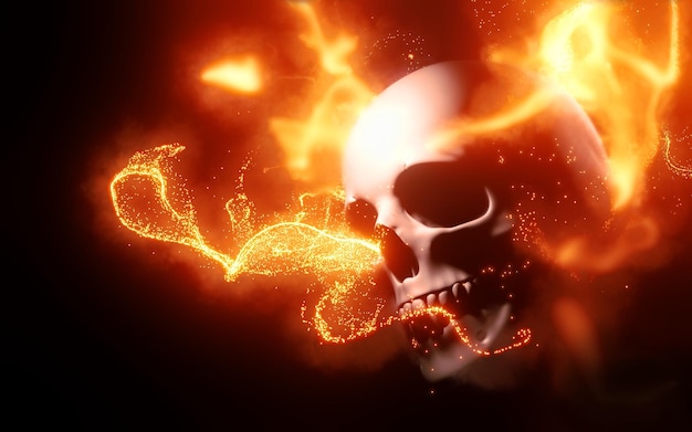 Skull burned in fire 3d rendering