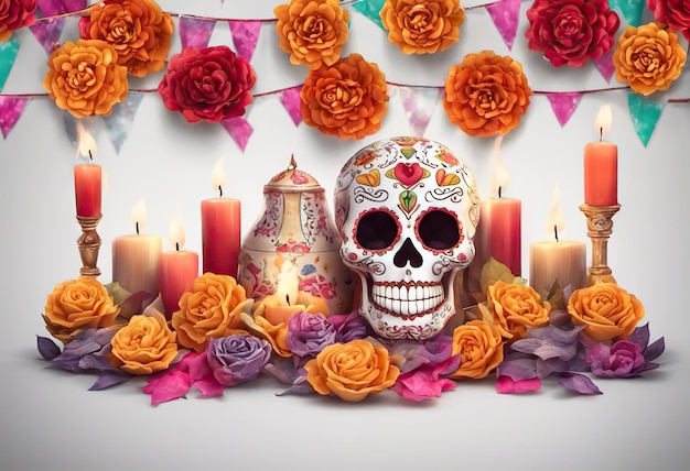 Skull burning candles and orange marigold flowers on background concept of dia de los muertos day or