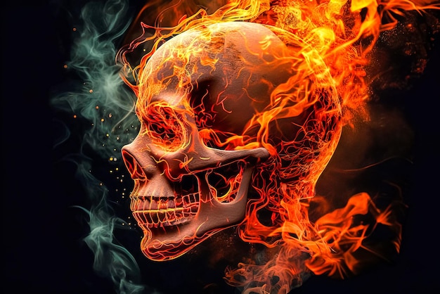 Skull burning in fire on black background Halloween concept Generative AI