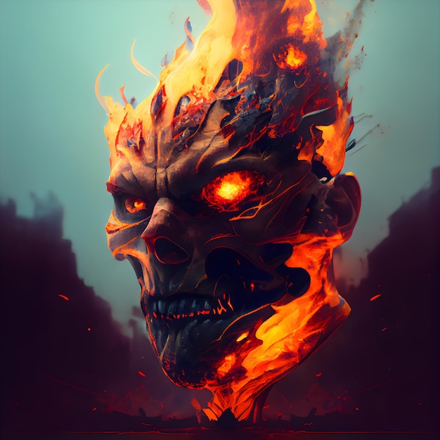 Skull burning in fire Halloween concept 3D illustration