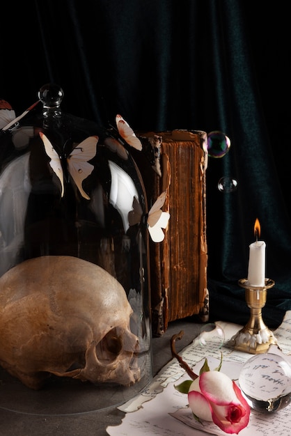 Skull and candle arrangement still life