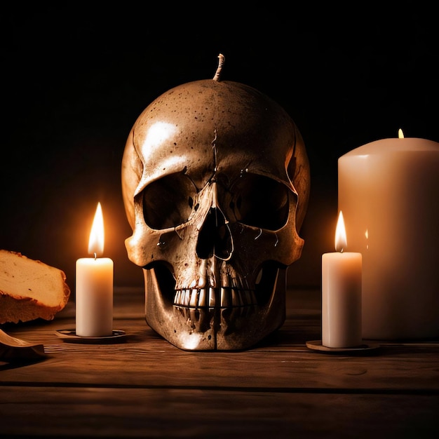 The Skull and Candle on the Black Background