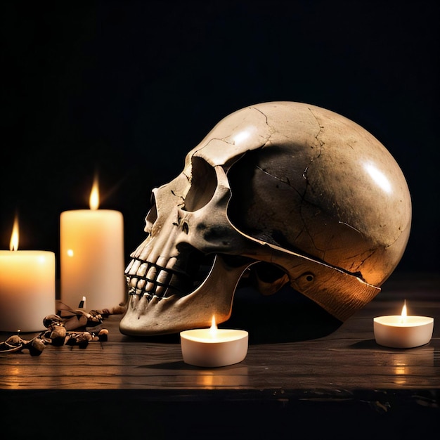 The Skull and Candle on the Black Background