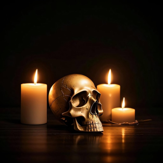 The Skull and Candle on the Black Background