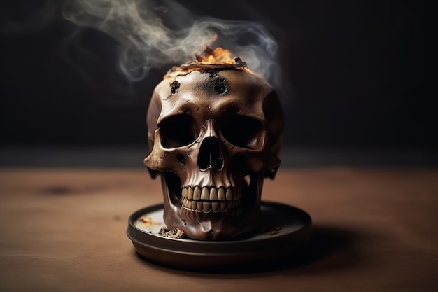 A skull on a candle holder with smoke coming out of it.