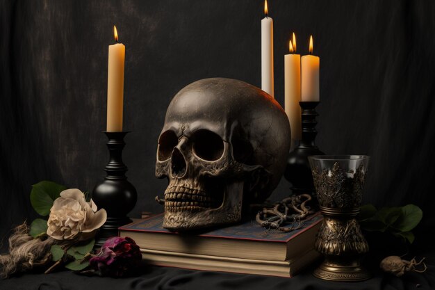 Skull and candle witchcraft arrangement