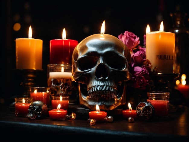 Skull and candles on a black background
