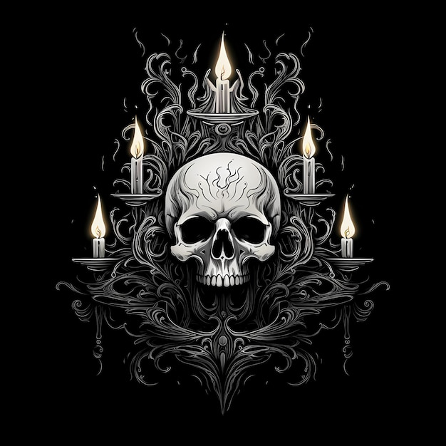 skull and candles fire tattoo design illustration