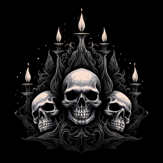 skull and candles fire tattoo design illustration