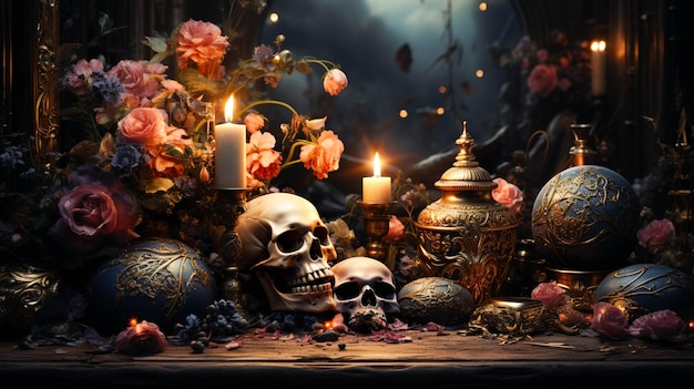 A skull and candles and flowers night view