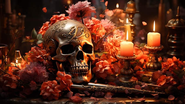 A skull and candles and flowers night view