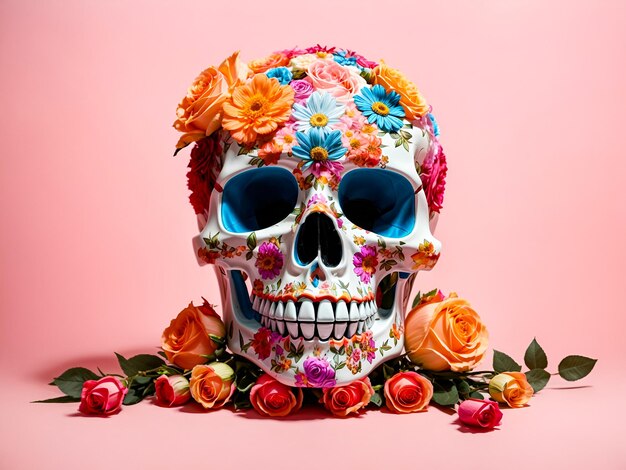 a skull character decorated with vibrant multicolored flowers against a pink background