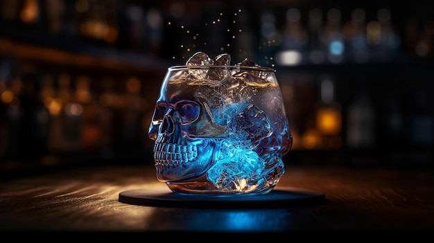 A skull cocktail glass with a blue glow on the surface