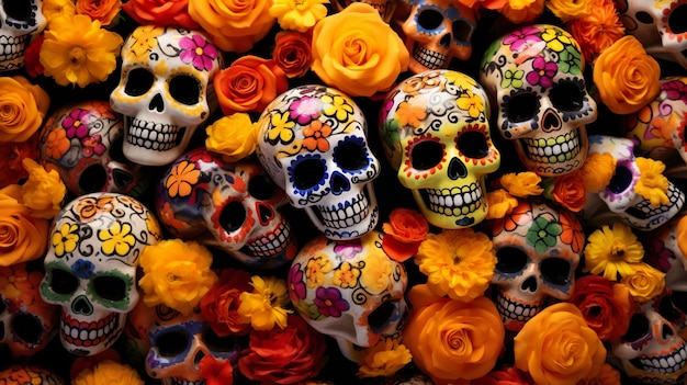 Skull colorfull day of dead with marigold flowers