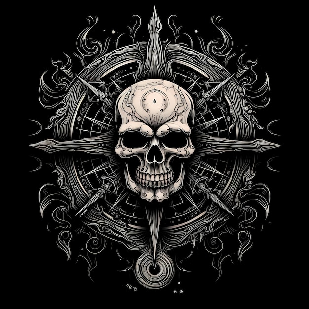 Photo skull and compass tattoo design illustration