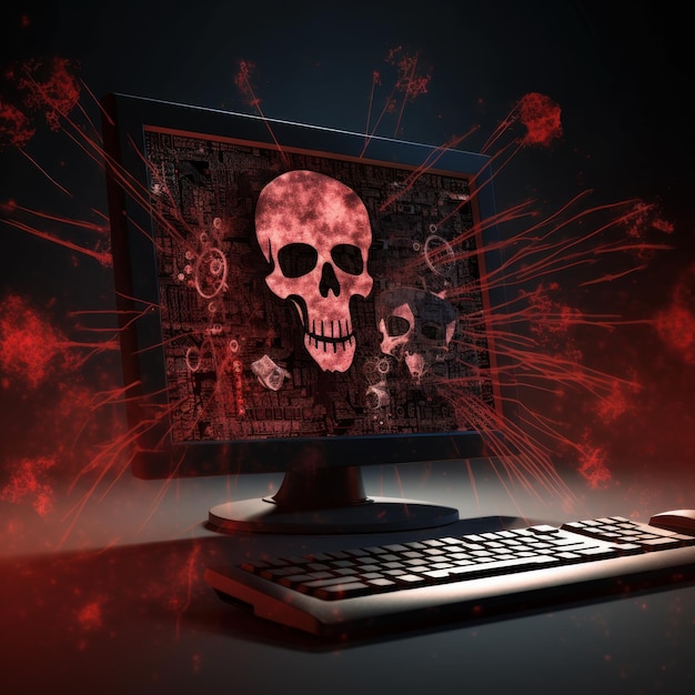 Skull in computer shows computer malware generative AI