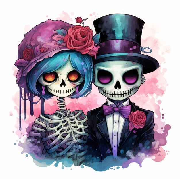 Photo skull couple in top hat and bow tie with roses generative ai