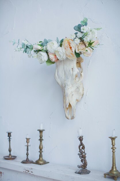 skull of a cow with flowers