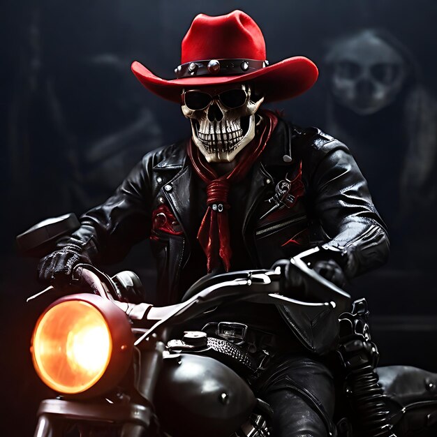 skull cowboy with red hat on motorcycle dark AI