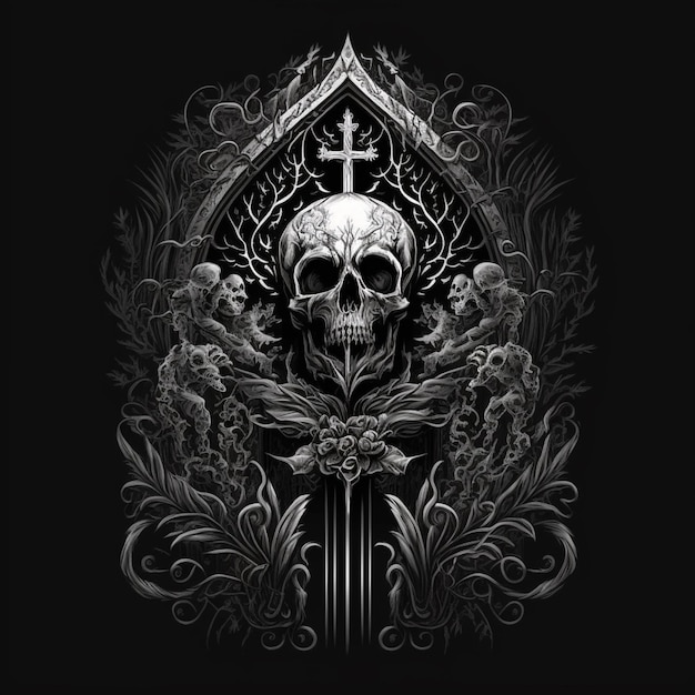 A skull and cross in a gothic frame with floral decorations generative ai