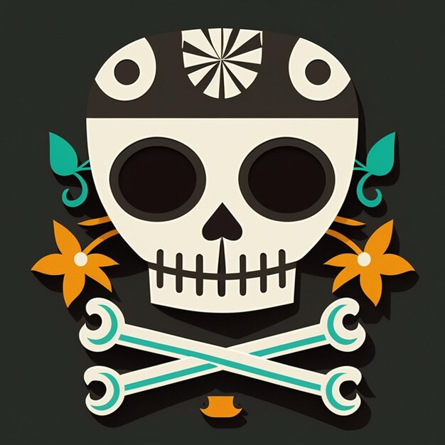 skull and crossbones with leaves and flowers on a dark background generative ai