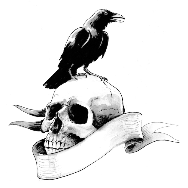 Photo skull, crown and banner. ink black and white drawing