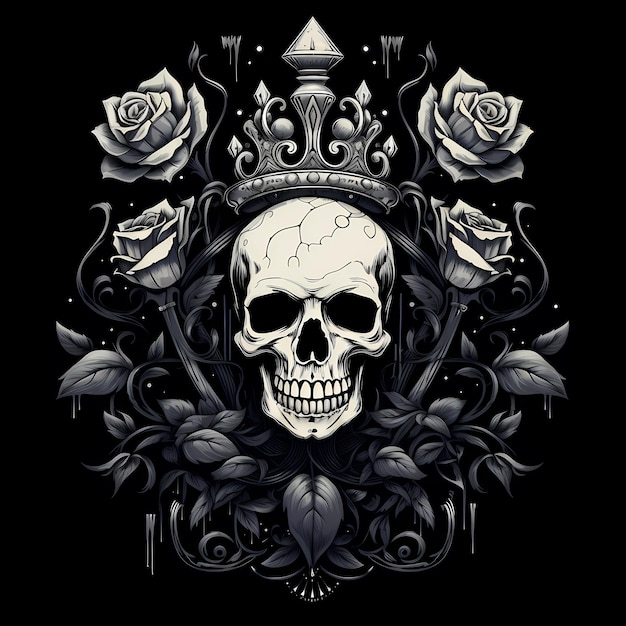 череп корона и цветы тату иллюстрация