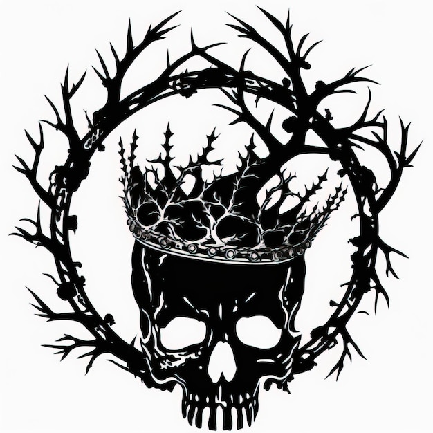 Skull and crown of thorns on his head