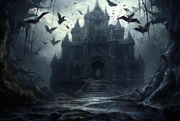 Photo a skull and crows inside an old dark castle in the style of photorealistic landscapes