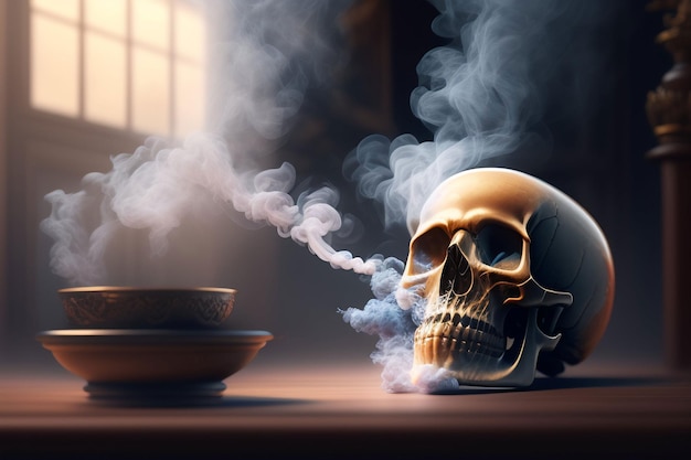 A skull and a cup of coffee are on a table in front of a window.