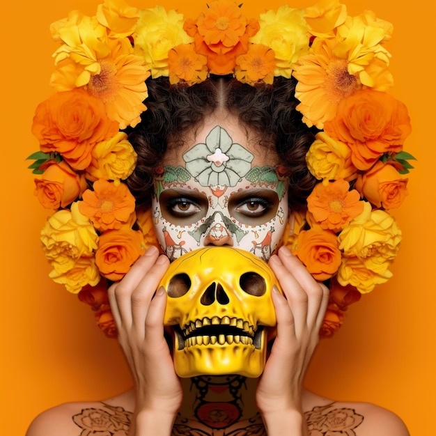 Skull day of dead on yellow background