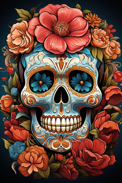 A skull decorated with colorful day of the dead motifs surrounded by brightly colored flowers