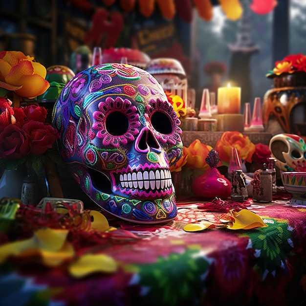 Skull decorated with flowers the day of the dead