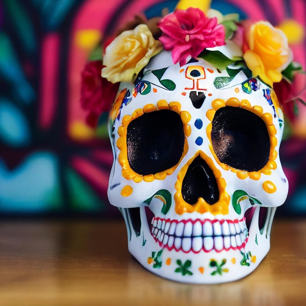 Skull decorated with flowers theme day of the dead Mexico