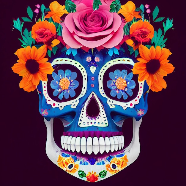 Skull decorated with flowers theme day of the dead Mexico