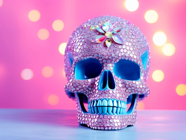 Photo a skull decorated with shiny rhinestones on a bright background