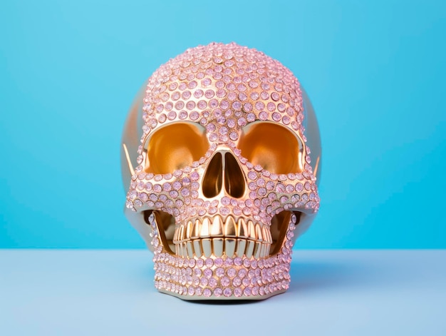 Photo a skull decorated with shiny rhinestones on a bright background
