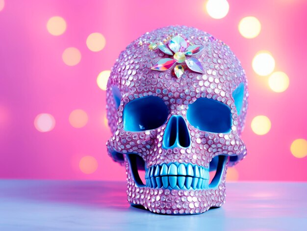 Photo a skull decorated with shiny rhinestones on a bright background